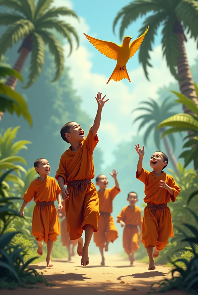A groupof young Burmese monks chasing a yellow swallow