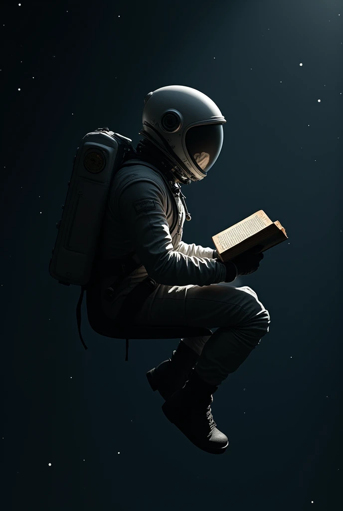 Reading a book in a spacesuit while sitting in a backless chair in outer space