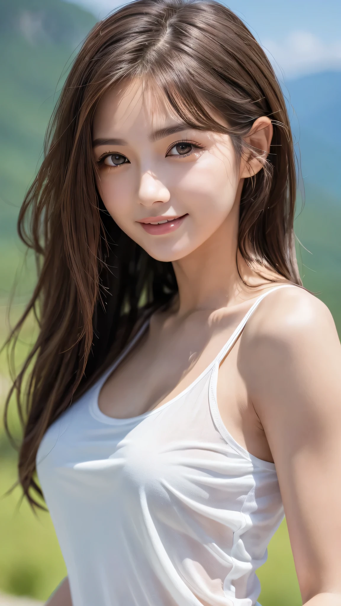 highest quality、genuine、Super detailed、finely、High resolution、8k wallpaper、one beautiful woman、、、light brown disheveled hair、wearing a white tank top、sharp focus、beautiful and detailed eyes、thin hair、Detailed genuine skin texture、smile、model body shape、In a mountain