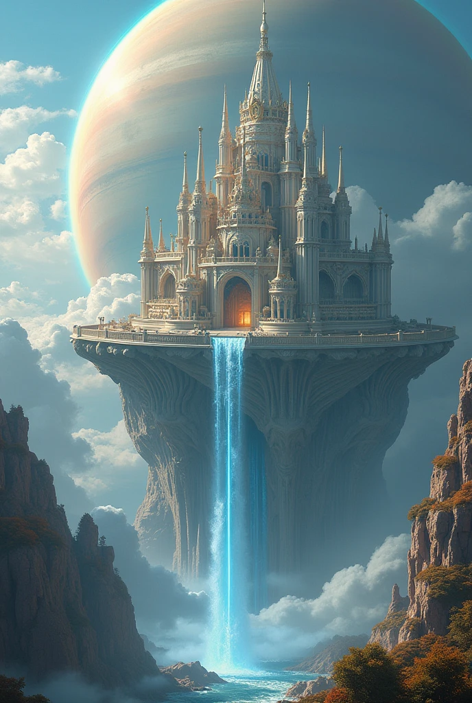 so big palace on skycloud and at theback saturn and water came out through palace to air and Rambow 