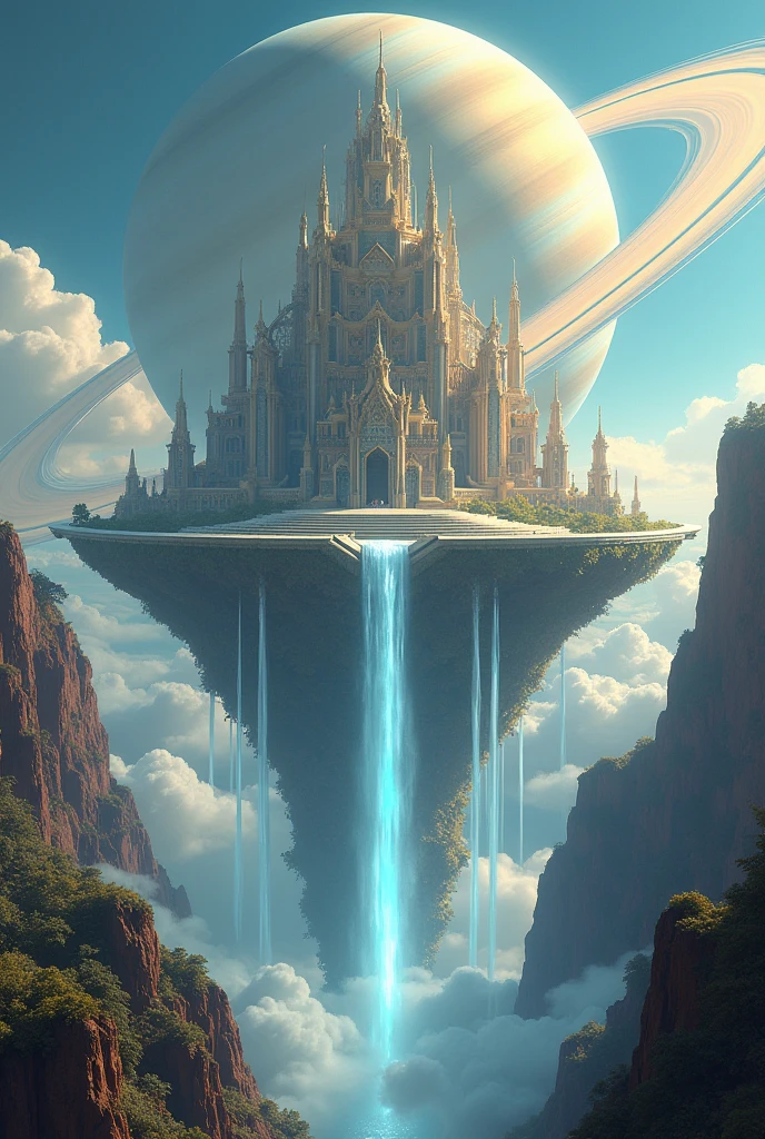so big palace on skycloud and at theback saturn and water came out through palace to air and Rambow