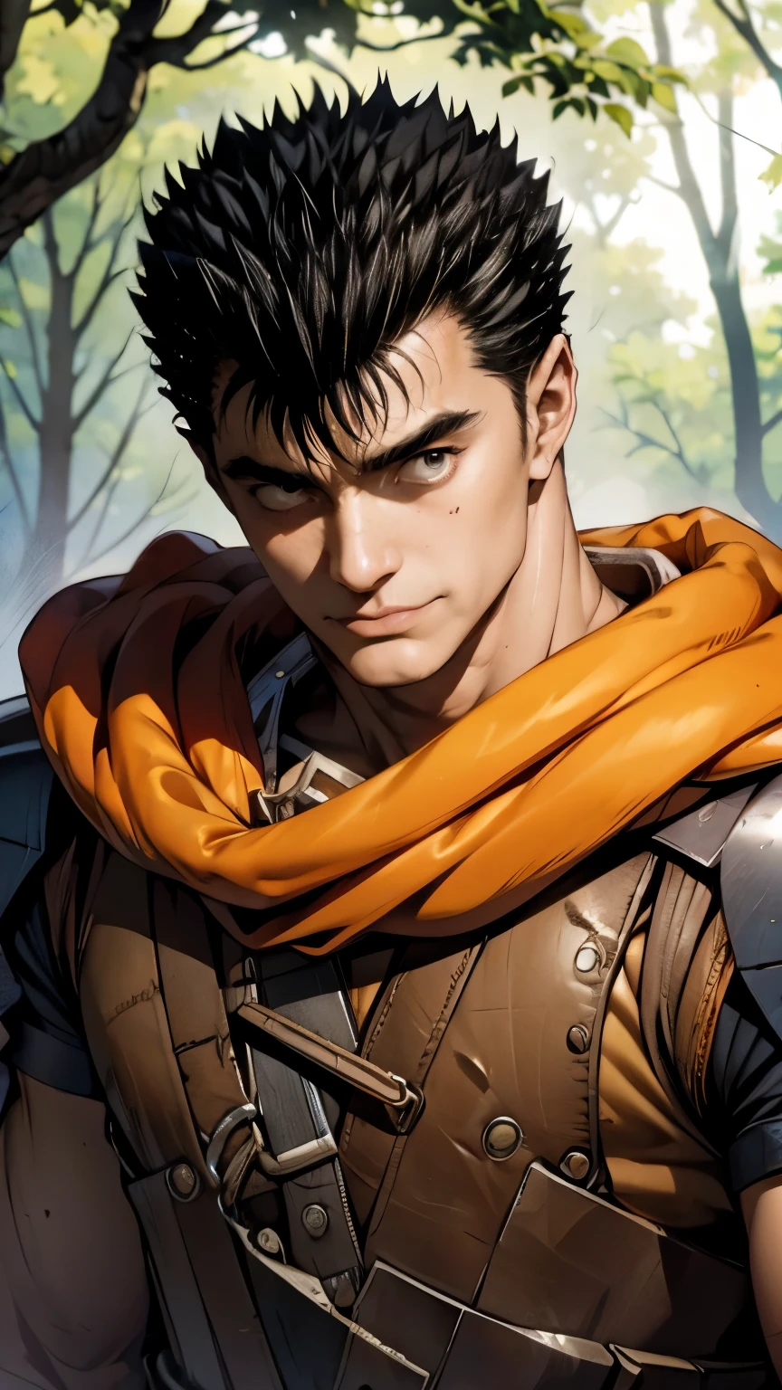 guts \(berserk\)、One person、solo、Model standing、Upper Body、smile slightly、forest、masterpiece、Highest quality、最高masterpiece。