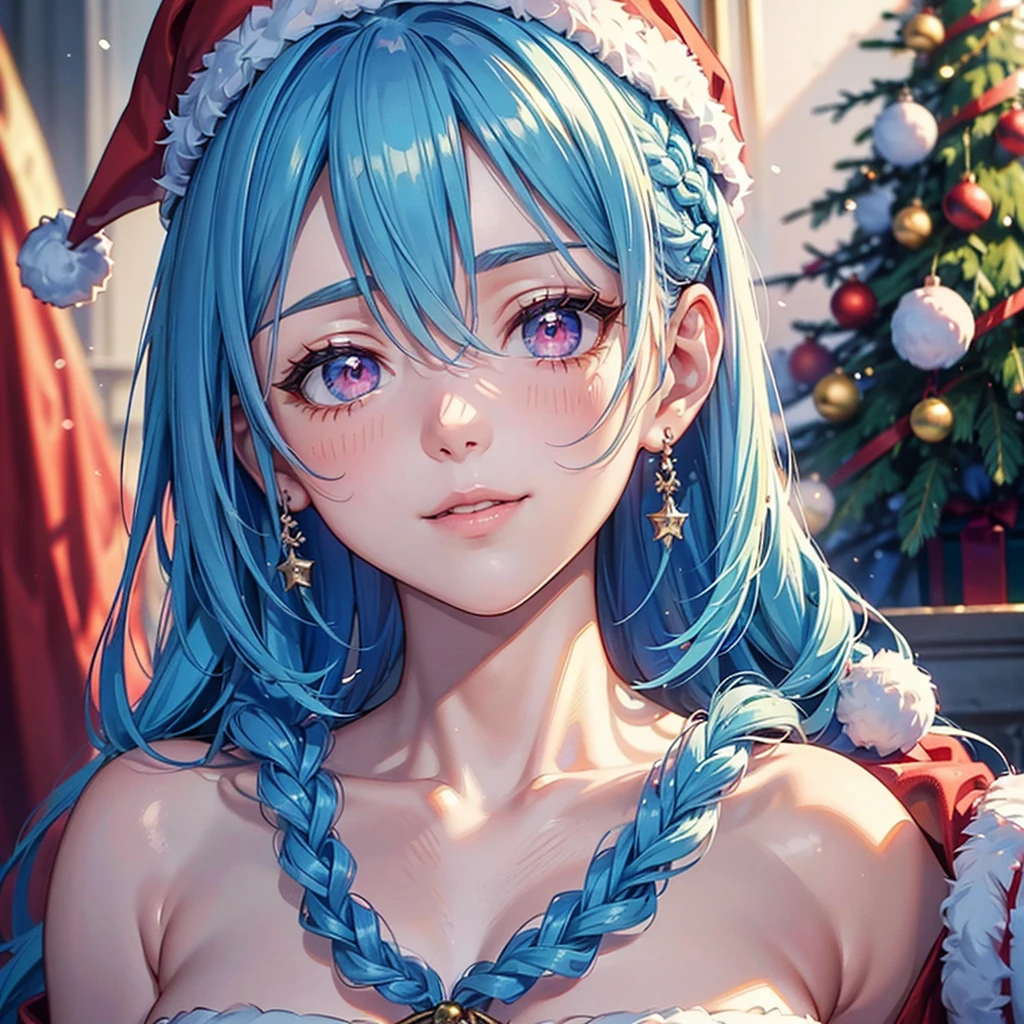 (Sky blue hair),(Braided short hair), (Pink Eyes),Fair skin) ,(whole body),((A huge Christmas tree in the background)),(One person),(Santa Claus clothes),(Cute smile),Santa Claus hat,(Christmas Party),(masterpiece, Highest quality, Very detailed, Best Shadow), (Detailed Background), (Beautifully detailed face), High Contrast, (Best lighting, Very delicate and beautiful), ((Cinematic Light)), Hyper Detail,8k, Dramatic Light, Intricate details,