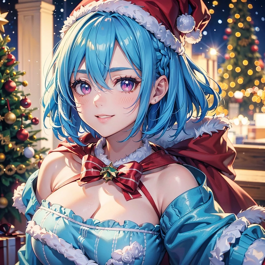 (Sky blue hair),(Braided short hair), (Pink Eyes),Fair skin) ,(whole body),((A huge Christmas tree in the background)),(One person),(Santa Claus clothes),(Cute smile),Santa Claus hat,(Christmas Party),(masterpiece, Highest quality, Very detailed, Best Shadow), (Detailed Background), (Beautifully detailed face), High Contrast, (Best lighting, Very delicate and beautiful), ((Cinematic Light)), Hyper Detail,8k, Dramatic Light, Intricate details,