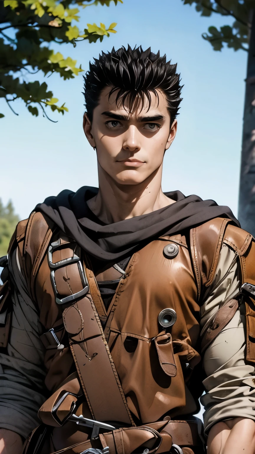 guts \(berserk\)、One person、solo、Model standing、Upper Body、smile slightly、forest、masterpiece、Highest quality、最高masterpiece。