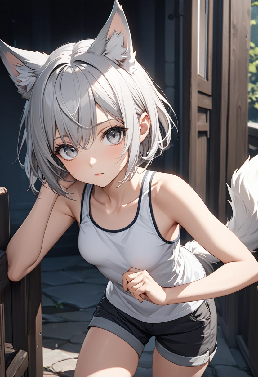 short hair, (Gray eyes:1.5),  animal ears, tail, Silver hair, shorts,  Wolf ears, Wolf Tail,  (small breast:1.2), BREAK looking at viewer, BREAK outside, BREAK (masterpiece:1.2), best quality, high resolution, unity 8k wallpaper, (illustration:0.8), (beautiful detailed eyes:1.6), extremely detailed face, perfect lighting, extremely detailed CG, (perfect hands, perfect anatomy),