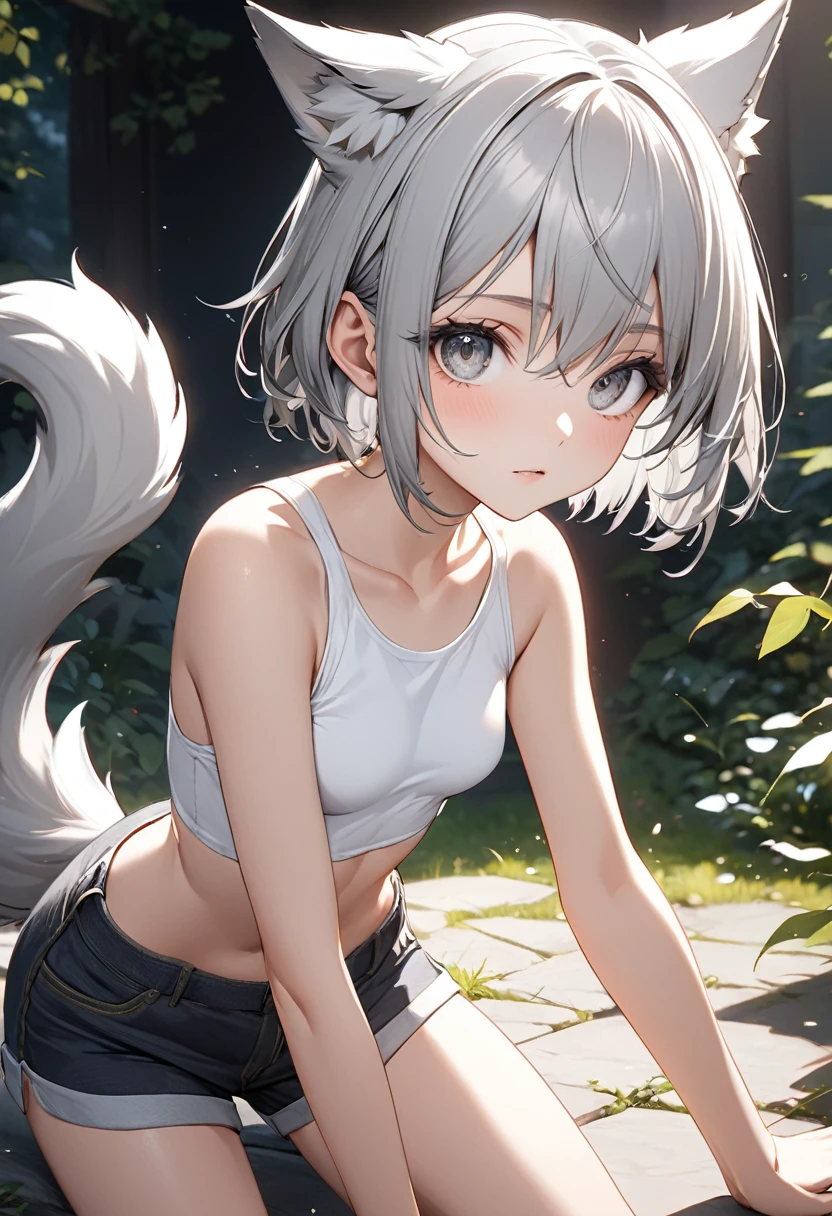 short hair, (Gray eyes:1.5), animal ears, tail, Silver hair, shorts, Wolf ears, Wolf Tail, (small breast:1.2), BREAK looking at viewer, BREAK outside, BREAK (masterpiece:1.2), best quality, high resolution, unity 8k wallpaper, (illustration:0.8), (beautiful detailed eyes:1.6), extremely detailed face, perfect lighting, extremely detailed CG, (perfect hands, perfect anatomy),