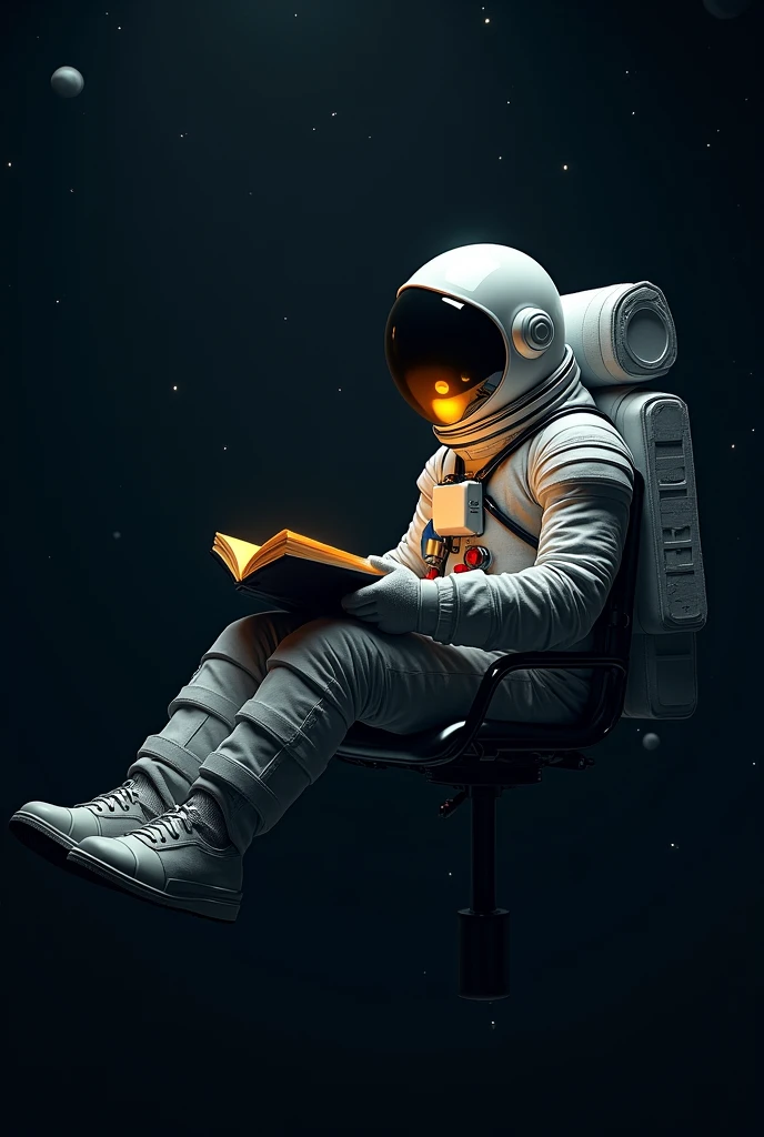 Reading a book in a spacesuit while sitting in a backless chair in outer space