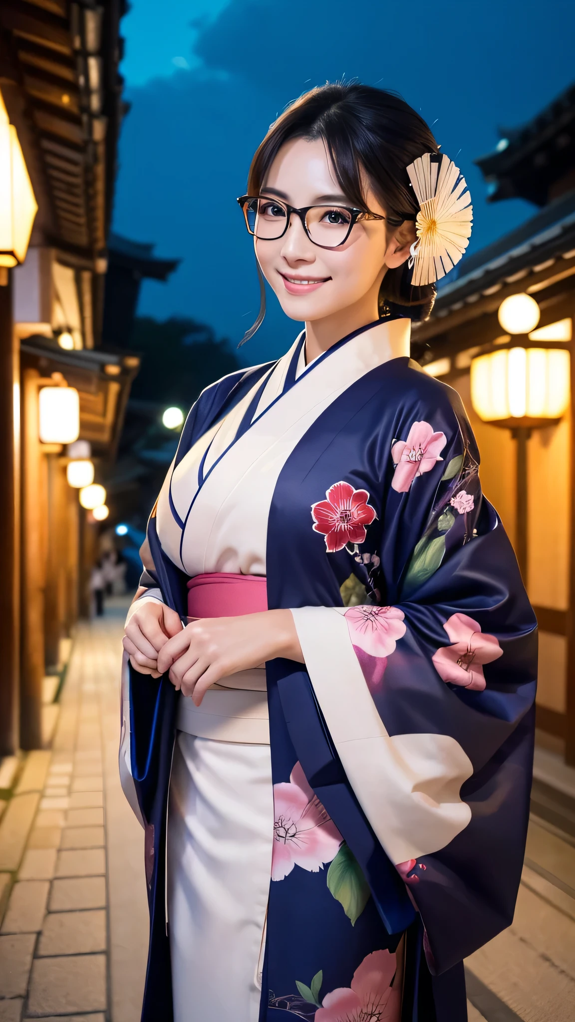 (Super beautiful woman in kimono)、((highest quality、8K masterpiece:1.3))、sharp focus:1.2、(super beautiful face:1.0)、(shiny skin:1.0)、realistic pictures、black hair、video lighting、High resolution eyes and face、video lighting、japanese actress、from the front、big breasts、with a happy smile、Slender abs beauty、whole body、wearing a kimono、in Kyoto、(((luxury obi)))、In Kyoto at night、wearing glasses with no edge、with a fan、Fireworks Display