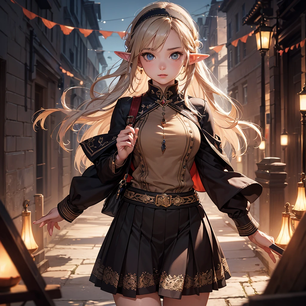 CG, Unity, 8k, wallpaper, Highest quality, masterpiece, Lovely lady, 18-year-old, (Realistic), Best lighting, Complex pupil, Intricate weaving, Detailed Background,Elf Girl、A composition that shows the whole body,One Woman,Full Body、Skirt and headband
