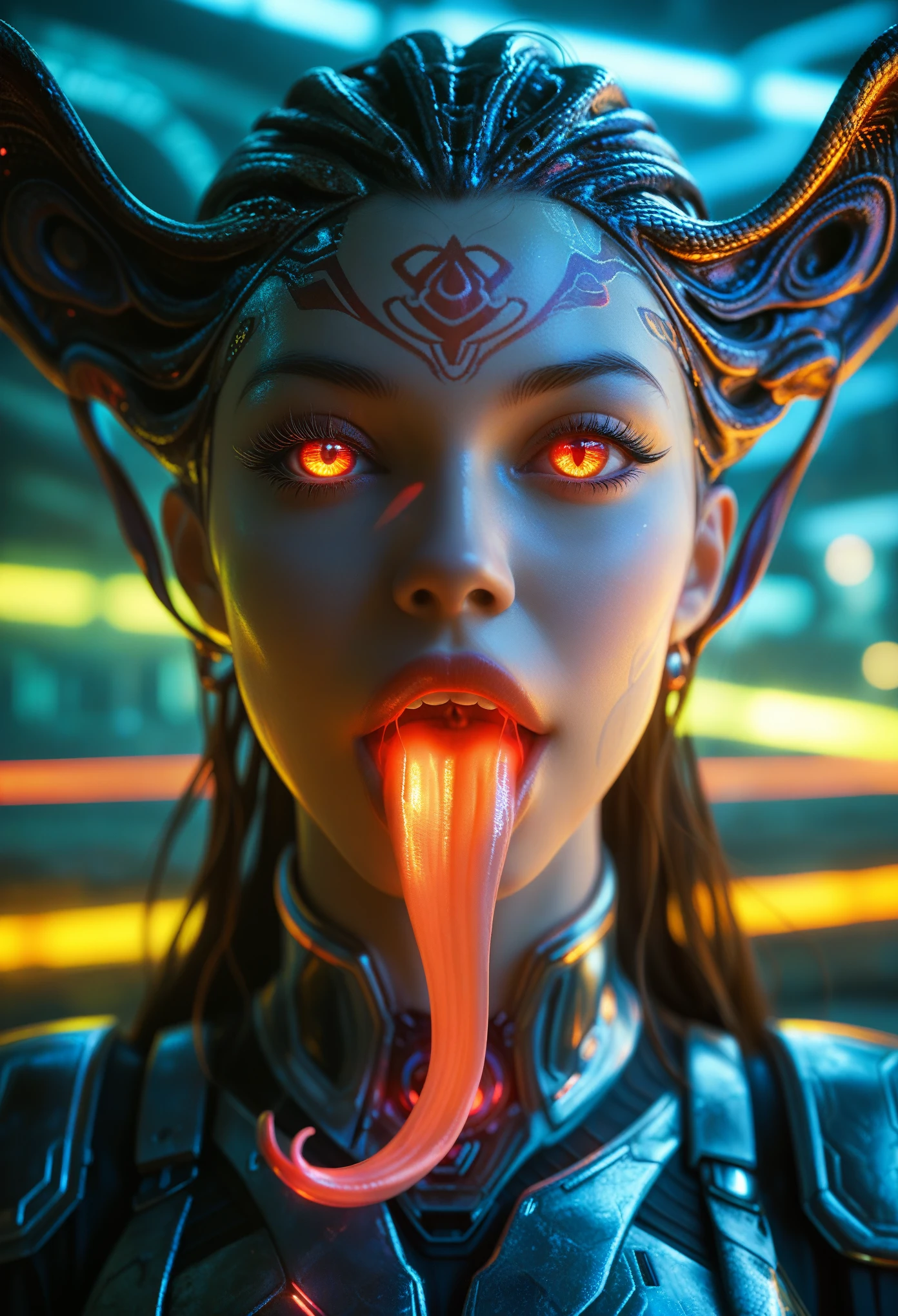 score_9, score_8_up, score_7_up, 1 female medusa alien, A scene from a science fiction movie, beautiful detailed eyes, A third eye on the forehead, beautiful detailed lips, extremely detailed face and eyes, long eyelashes, (long tongue like a snake:1.2), intricate insect-like features, glowing compound eyes, scythe-like forelimbs, alien carapace, vibrant colors, futuristic sci-fi environment, neon lights, glowing energy field, complex technological architecture, dramatic lighting, cinematic atmosphere, award winning digital art, hyper realistic, 8k, high quality, masterpiece, Bioluminescence, Translucent armor, thespiritde, concept art