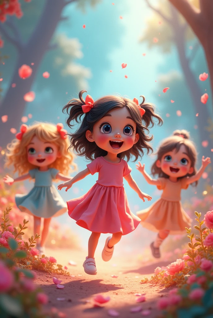 create a pixar style image in a bow paradise with clouds and trees and a bow rain, where many little princess girls play.
