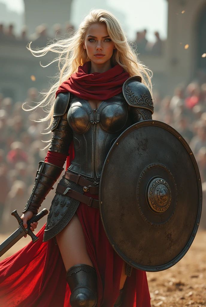 ((masterpiece, highest quality, Highest image quality, High resolution, photorealistic, Raw photo, 8K)), ((Extremely detailed CG unified 8k wallpaper)), (huge stunning goddess shot, very hot and sexy, jaw-dropping beauty, perfect proportions, beautiful body, slim body beauty:1.4), arafed woman in armor holding a sword and shield, portrait of a barbarian female, north female warrior, a very beautiful berserker woman, north adult female warrior, female barbarian, female warrior, portrait of a barbarian woman, barbarian warrior woman, very beautiful female barbarian, barbarian class, portrait of a woman warrior, rpg portrait concept art, (beautiful warrior, holding short sword and small shield, Wearing a red scarf, leather armor), (blonde hair, blue eyes, dark skin), (amphitheatre, Fighting while being watched by the crowd, motion blur), movie poster, large "INFINITY" written at bottom of screen,