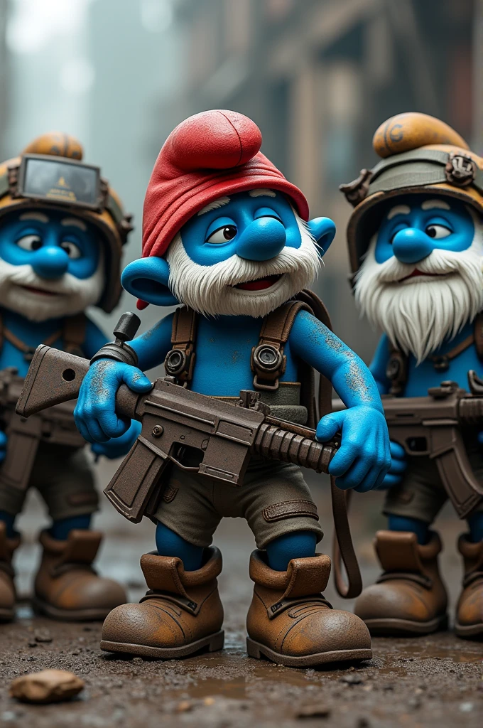 A group of smurfs with helmets and guns from the video game rust with papa smurf with his red hat and grandpa smurf with a white beard together with an african american man with a black beard