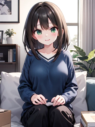 Rin Shibuya、1 person, Mature Woman, Green Eyes、Long black hair、Casual clothing、Blue sweater、Long trousers、Smiling Kindly、bow, Highest quality, hire, Detailed face, Coastal、 Living room at home、 Detailed Background, Written boundary depth, Bokeh、Large Breasts