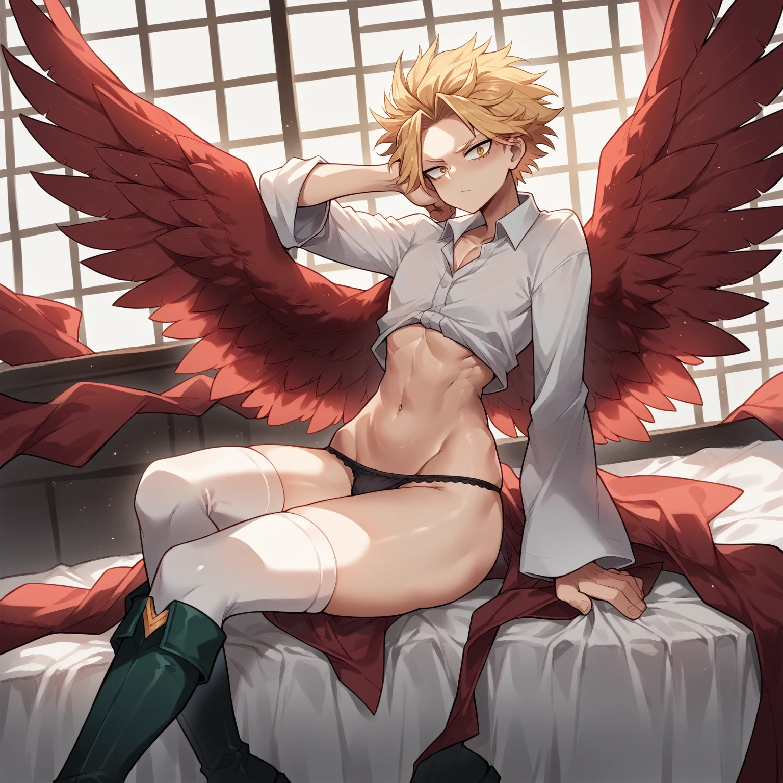 Alone, delicate gay boy, Blonde hair combed back with two front strands sticking out, gold eyes, red wings on his back, red bird cola at his low waist, up to rank, curvy thighs, small waist, CLOTHES: white long sleeve thigh length button down shirt, black boots above the knees, black panties, long stockings above her knees, sitting on a velvet piece of furniture, Japanese style room background, Hawks, Boku no Hero Academia