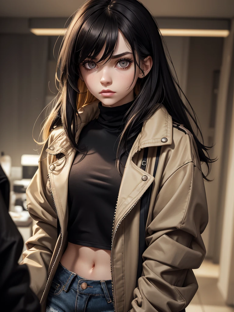 (best quality), 1girl, female, pale skin, (black hair), blonde ombre, medium hair, messy hair, messy bangs, hair over eyes, (brown eyes), perfect eyes, dark circles under eyes, skinny body, scowl, goth girl, oversized jacket, turtleneck, ripped jeans, flat chest, childish, masterpiece, anatomically correct, highres
