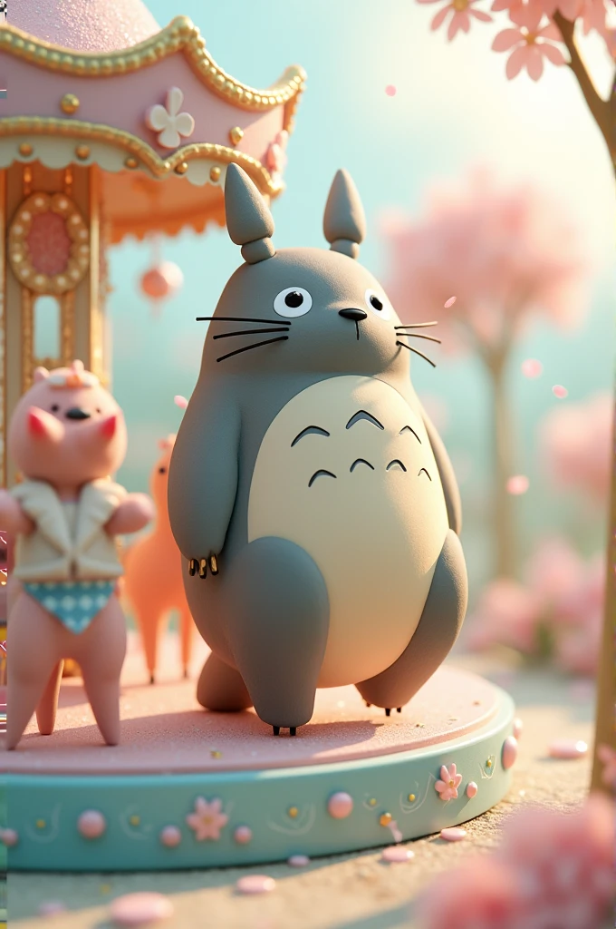 Totoro on a pastel colored carousel with glitter 