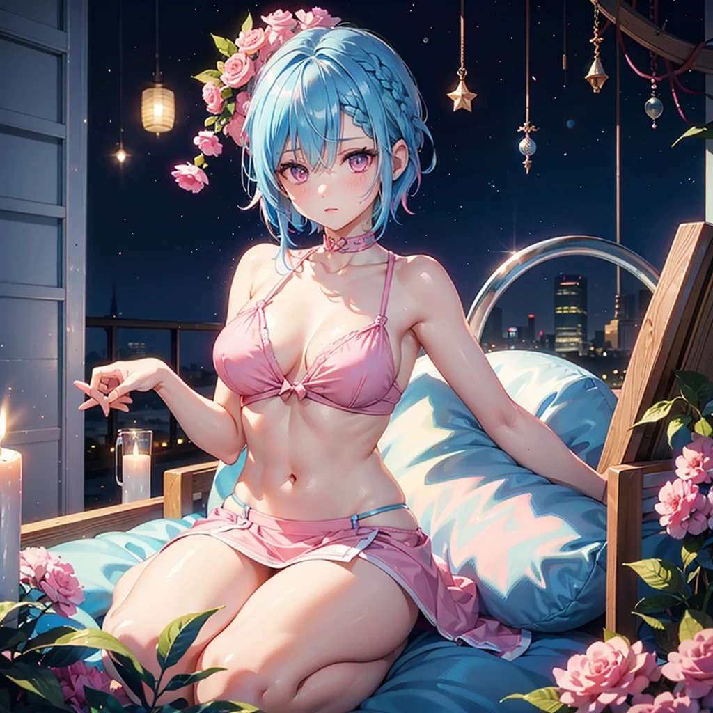 ((8k, Highest quality, masterpiece: 1.3)),Ultra-high resolution,(1 girl, alone), (Color changing eyes, Ultra-detailed, Expressive brilliance, Glitter, Glowing Eyes), Highly detailed eyes, Highly detailed face, Random Hair, ((pastel colour))A playful young woman with pastel violet hair styled into a high ponytail, sitting on her bed during a bright morning. She is wearing a black bikini with a tie-front top that enhances her cleavage. The camera captures her from a low, slightly tilted angle as she sits in an "M" pose with (open legs:1.4), playfully tugging at her bikini strap. The bright morning light illuminates the room, creating a lively and energetic vibe, with modern decor that adds to the bold and playful atmosphere,(She puts her hand inside her bikini and touches her pussy:1.3)