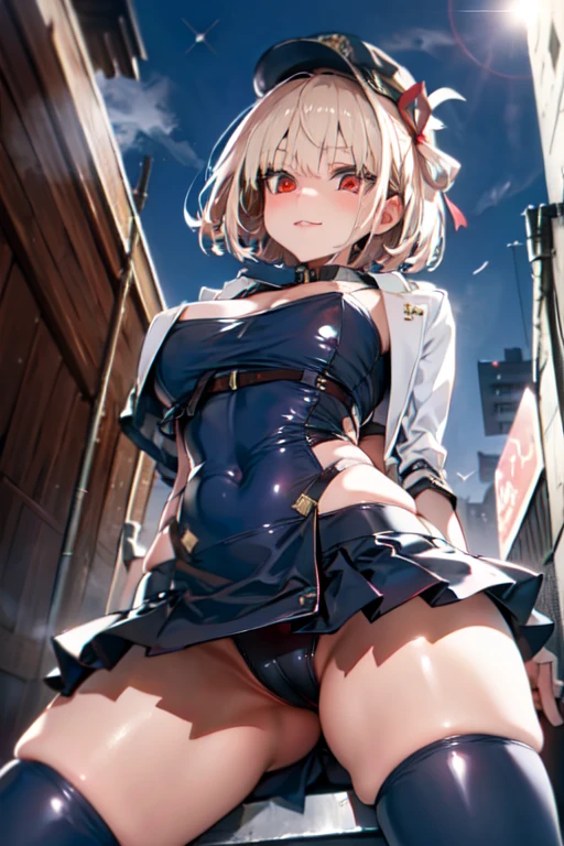 (extreme close-up of thigh:1.5),  (The view is from very close below:1.5), Pushing hips forward,  (sitting), Open legs wide, spread legs, arms behind back,
((Highest quality)), ((masterpiece)),(detailed),High resolution,Sharp focus,Perfect Face,{best illustration},(complete anatomy),
(非常にdetailed CG unity 8k wallpaper),(((Vibrant colors))),Official Art,((detailedなボディ)),(detailedな顔)),Perfect Fingers,
cute,erotic,Bold,very shiny 肌,Shiny body,plastic glitter 肌,exaggerated shiny 肌,illuminated 肌,
Big Breasts,glamorous,Tight waist,Long legs,curve,Cleavage,Bold,Revealing clothing,show 肌,
(Complex eyes,Beautiful fine details,Symmetrical eyes,Big eyes:1.5,Seductive eyes,  Natural skin texture, Realistic facial details),
(Nishikigi Sensoku),short hair,bangs,Blonde,(Red Eye:1.5),Hair Ribbon,One Side Up,Bobcut,Conceited expression,Mischievous Smile,　night,　Alley,
 ruanyi0304, baltimore \(azur lane\), police hat, thigh boots, microskirt, blue jacket,