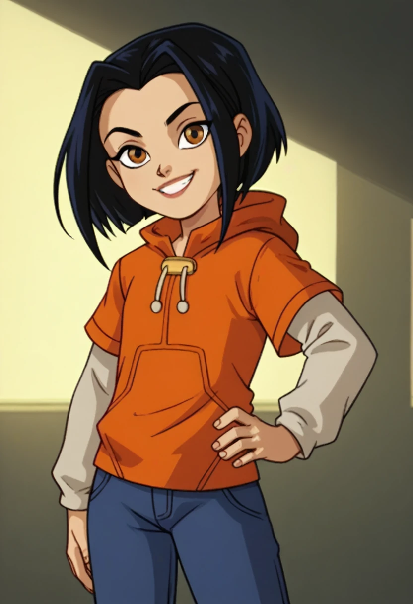 jadechan, 1girl, black hair, brown eyes, solo, short hair, long sleeves, orange hoodie, hood, smile, pants, looking at viewer, score_9, score_8_up, score_7_up, score_6_up, score_5_up, score_4_up, looking at viewer, hand on own hip, cowboy shot,