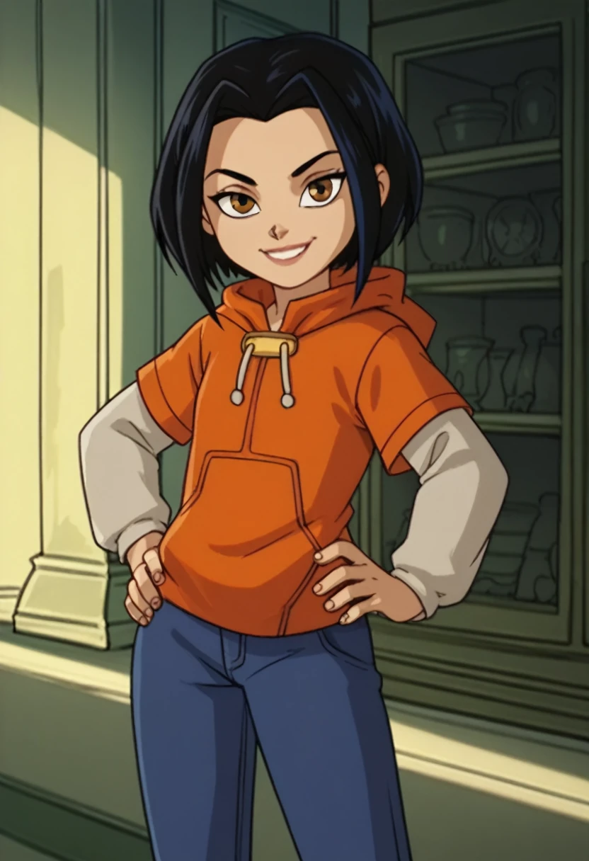 jadechan, 1girl, black hair, brown eyes, solo, short hair, long sleeves, orange hoodie, hood, smile, pants, looking at viewer, score_9, score_8_up, score_7_up, score_6_up, score_5_up, score_4_up, looking at viewer, hand on own hip, cowboy shot,