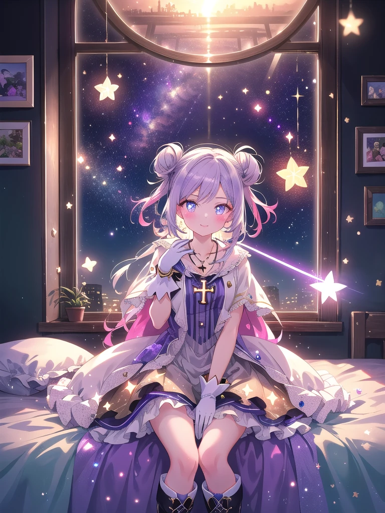 ((8k, Highest quality, masterpiece: 1.3)),Ultra-high resolution,(1 girl, alone), (Color changing eyes, Ultra-detailed, Expressive brilliance, Glitter, Glowing Eyes), Highly detailed eyes, Highly detailed face, Random Hair, ((pastel colour))A lively young woman with pastel lavender hair styled into twin buns, sitting cross-legged on her bed in her softly lit bedroom during a golden hour evening. She is dressed in a sweet yet subtly sexy magical girl cosplay, wearing a short frilly dress with a star-shaped pendant, and matching thigh-high boots. The camera captures her from a frontal angle as she smiles brightly, holding a magical wand in her hand, her expression full of energy and enthusiasm. The room is warmly lit by the setting sun, with a few glowing star decals on the walls, a small plush toy beside her, and a soft, colorful bedspread, creating a whimsical and joyful atmosphere.

