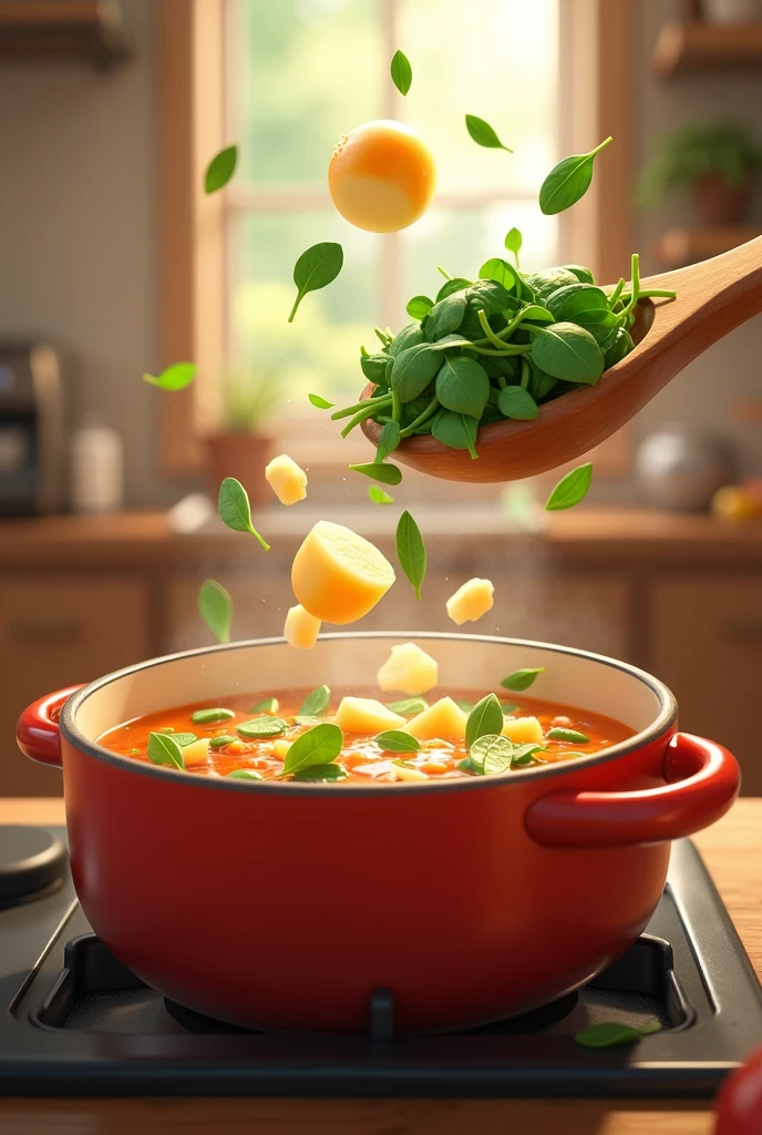 Create drawings of this preparation in animated 1. In a large pot, Heat a little olive oil over medium heat.
2. Add the chopped onion and minced garlic cloves, and fry until golden and fragrant.
3. Add the chopped spinach to the pot and cook until wilted..
4. Add the diced potato and mix well with the spinach..
5. Pour the vegetable broth or chicken broth into the pot and bring the soup to a boil..
6. Reduce heat and simmer for about 15-20 minutes., or until the potatoes are tender.
7. Season with salt and pepper to taste..
8. Remove the pot from the heat and let it rest for a few minutes before serving..