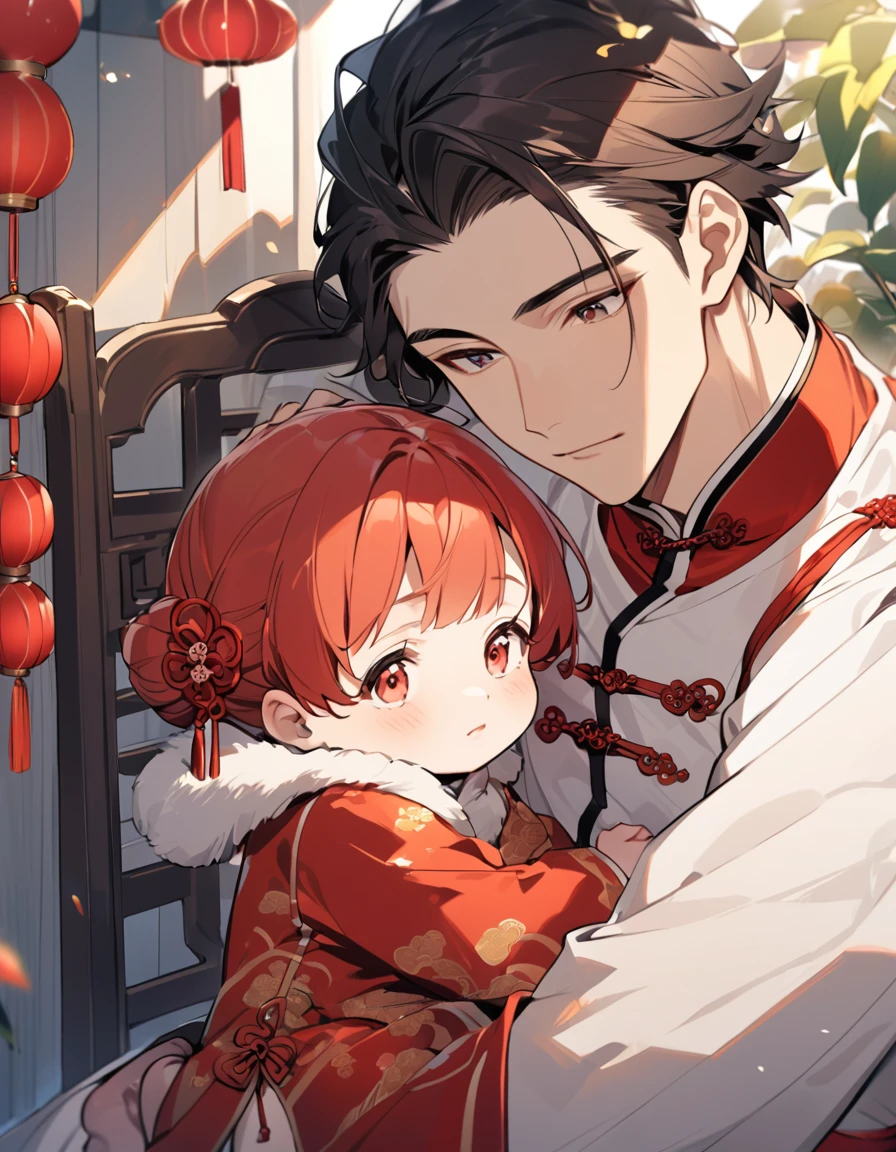 A handsome young man with a good face and a gentle face, wearing a white ancient Chinese costume, sitting on a chair, hugging his  sister, who is 1 year o red Chinese New Year costume. In the morning, there is sunlight shining in the front yard garden.