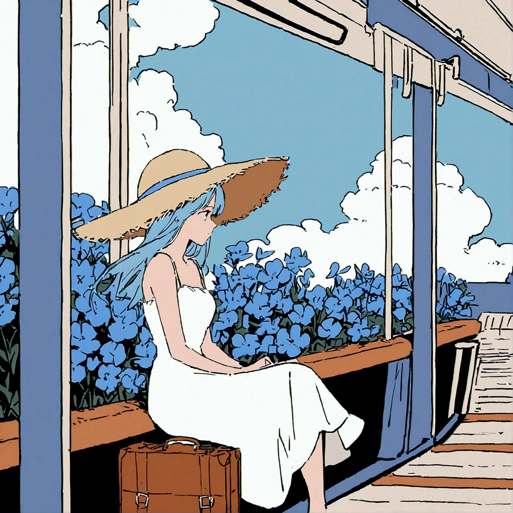 Woman in a white dress Flat color Simple Suitcase Travel Light blue flowers Sitting on a train Beautiful scenery Swaying in the wind Straw hat