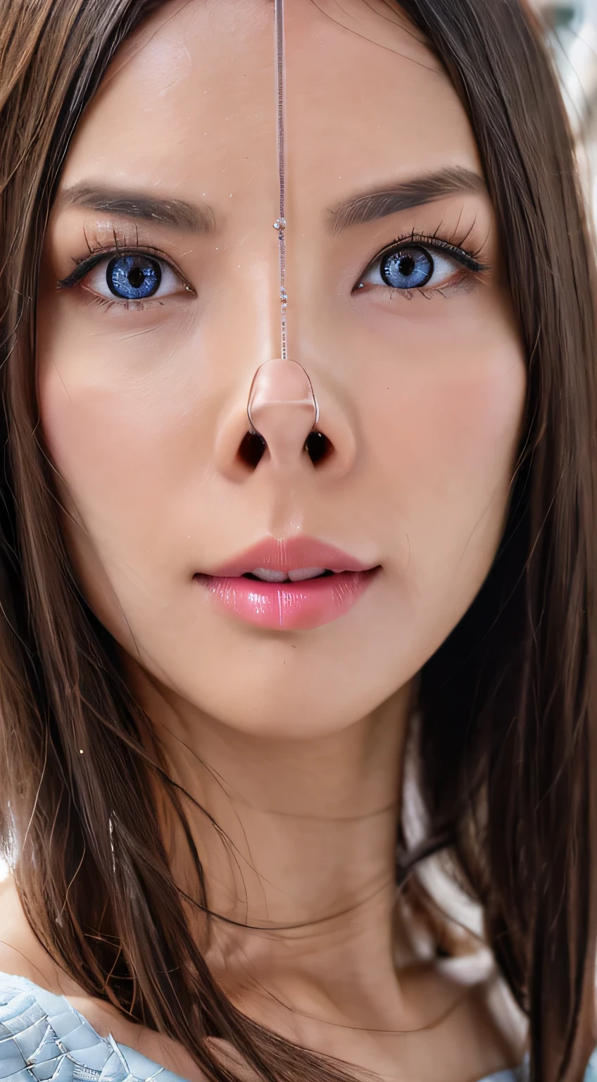 Beautiful and attractive woman in fashion trends, ,(Highest quality realistic textured skin:1.4), Beautiful Eyes, Detailed face, High quality eyes, Focus your eyes, Nose and mouth,Face Focus, Super Face close-up gentle and charming Chinese beautiful woman, Delicate and sexy collarbone, Attractive oval face, double eyelid,, Pink Lips, Small Nose, Expose your shoulders, Focus on the face, Face close-up, Ultra-high resolution, Very detailed, Full body photo, Ultra-thin and transparent, The white off-shoulder shirt and light blue slit skirt are a perfect match..., Fresh and delicious, And see through,Cinema Lighting,Rim Light,Bobcut,