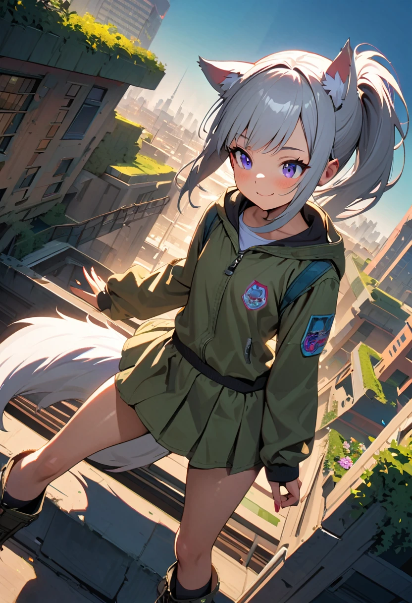 (masterpiece, best quality:1.1), (ultra highres, ultra-detailed:1.2) ,girl,17yo,cute,cheerful,(silver hair,ponytail,wolf ear,sunvisor,wolf groves,(khaki onepiece,mini-skirt,wolf tail,knee high socks,platform boots),,absurd,extraordinary, in garden on the roof of a building,smile,detailed face,beautiful lighting, volumetric lighting, dynamic angle,pop style,look away,