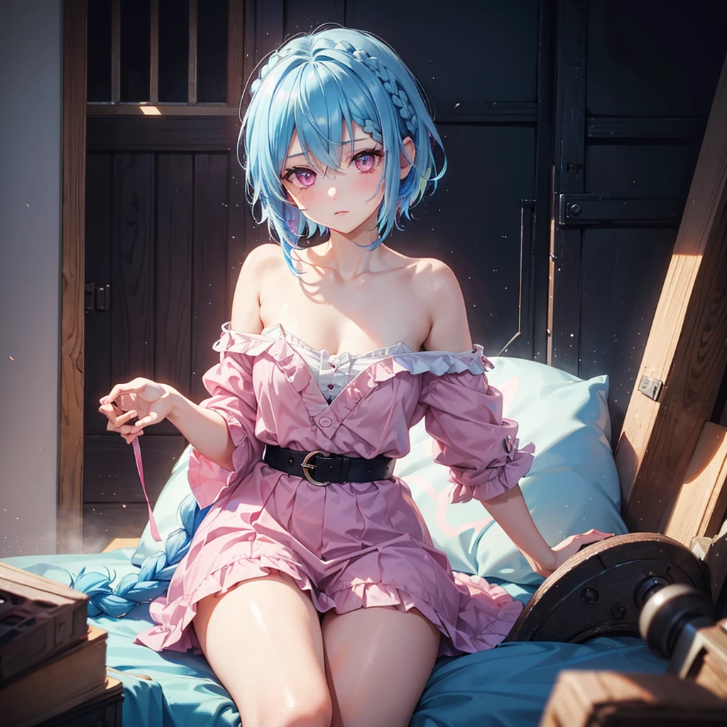 (Sky blue hair),(Braided short hair), (Pink Eyes),Fair skin) ,(whole body),(one person's),(Gift boxes filling the background),(Santa Claus clothes),(Cute smile),Santa Claus hat,(Christmas Party),(masterpiece, Highest quality, Very detailed, Best Shadow), (Detailed Background), (Beautifully detailed face), High Contrast, (Best lighting, Very delicate and beautiful), ((Cinematic Light)), Hyper Detail,8k, Dramatic Light, Intricate details,(Christmas tree)