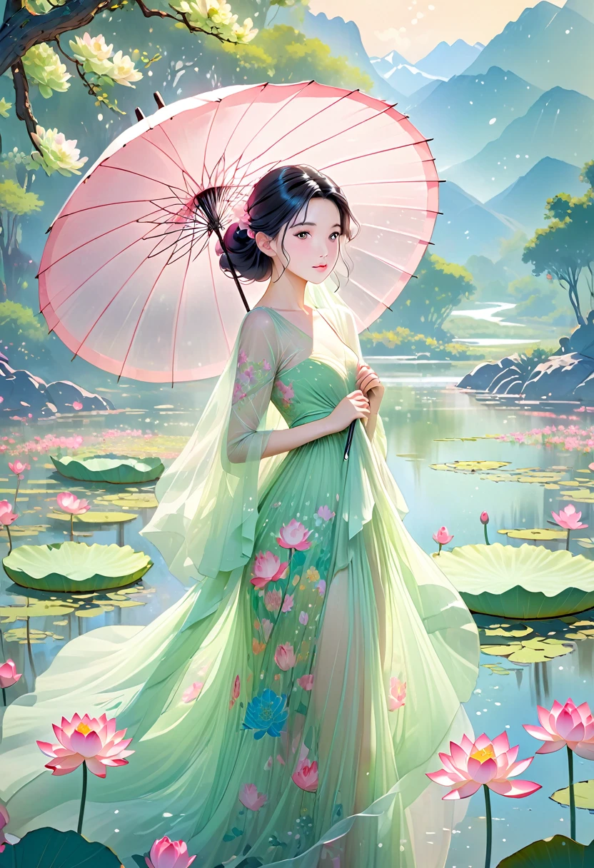 1 big breasted girl，Standing under a giant umbrella-shaped pink lotus，Full body close-up，Black hair，Floating hair，Hazy Beauty，Extremely beautiful facial features，Light green tulle flowing dress，Smooth hair，Surrounded by flowers，Soft light on the face，Perfect anatomical structure，（Flat girly figure，Small Breasts），Colorful flowers，（spring， Wonderful mountain wetlands，in the forest，Mountains）， Simple vector art， Chinese Contemporary Art， Soft lighting， Floating tulle towel，Overlooking