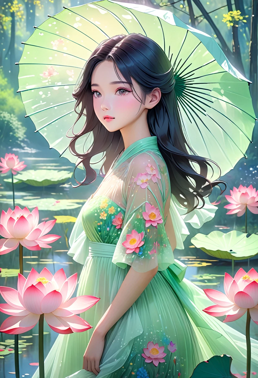 1 big breasted girl,Standing under a giant umbrella-shaped pink lotus,Full body close-up,Black hair,Floating hair,Hazy Beauty,Extremely beautiful facial features,Light green tulle flowing dress,Smooth hair,Surrounded by flowers,Soft light on the face,Perfect anatomical structure,(Flat girly figure,Small Breasts),Colorful flowers,(spring, Wonderful mountain wetlands,in the forest,Mountains), Simple vector art, Chinese Contemporary Art, Soft lighting, Floating tulle towel,Overlooking