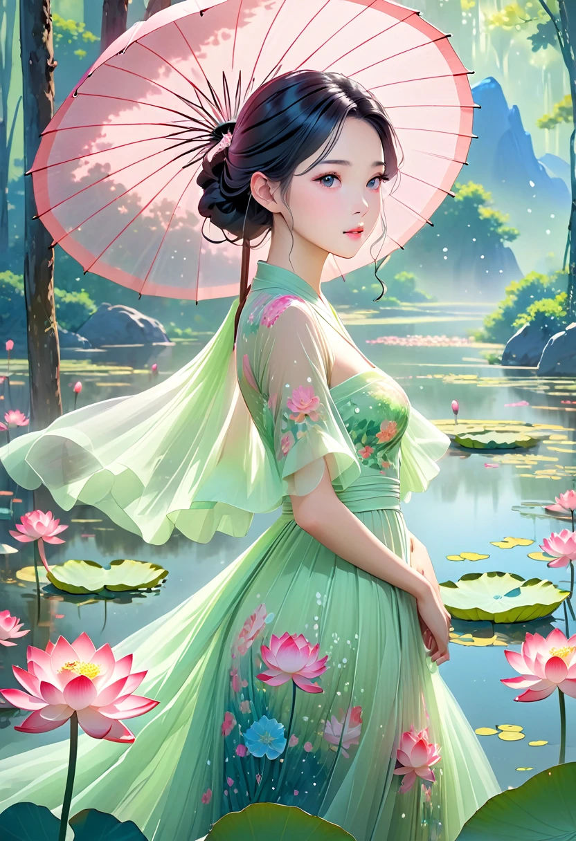 1 big breasted girl,Standing under a giant umbrella-shaped pink lotus,Full body close-up,Black hair,Floating hair,Hazy Beauty,Extremely beautiful facial features,Light green tulle flowing dress,Smooth hair,Surrounded by flowers,Soft light on the face,Perfect anatomical structure,(Flat girly figure,Small Breasts),Colorful flowers,(spring, Wonderful mountain wetlands,in the forest,Mountains), Simple vector art, Chinese Contemporary Art, Soft lighting, Floating tulle towel,Overlooking