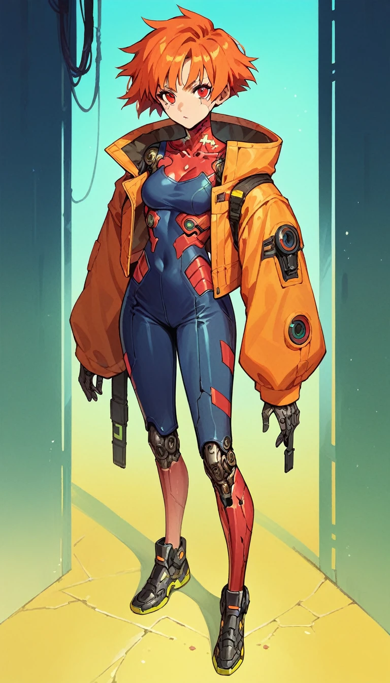 One anime cybergirl, orange hair, red eyes, cybernetic body, detailed body, full body, cyberpunk world, anime style