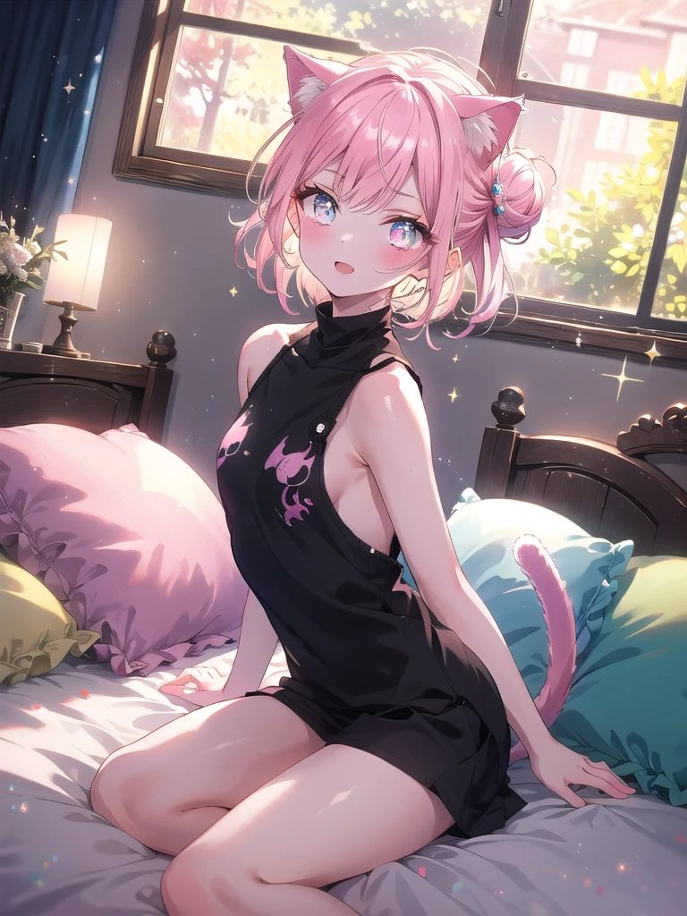 ((8k, Highest quality, masterpiece: 1.3)),Ultra-high resolution,(1 girl, alone), (Color changing eyes, Ultra-detailed, Expressive brilliance, Glitter, Glowing Eyes), Highly detailed eyes, Highly detailed face, Random Hair, ((pastel colour)),A playful young woman with pastel pink hair styled into a messy bun, sitting on the edge of her bed in her softly lit bedroom during a bright afternoon. She is dressed in a simple yet subtly sexy catgirl cosplay, wearing a soft, form-fitting black top with matching cat ears and a tail. The camera captures her from a low angle as she playfully winks at the camera, her expression full of mischief and charm. The room is filled with warm sunlight, with a few scattered cushions, a small scratching post by the bed, and a cozy, feline-themed atmosphere, creating a fun and lively environment, (nsfw:1.2)