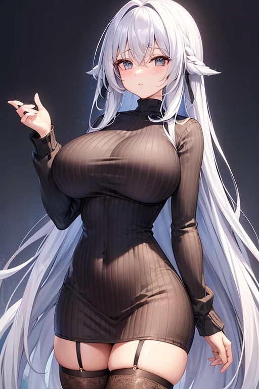Big Breasts、long hair、Silver Hair、Long sleeve、Vertical knitwear、Black fishnet stockings、Long, slender legs、Emphasize the chest、whole body、High resolution、masterpiece、Highest quality、High-resolution model