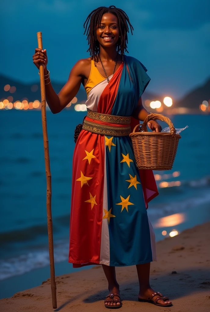 A woman with brown skin, dressed in the colors of the Cape Verde flag, symbolizing peace, unity, determination, and spirit. She is wearing a golden belt with discreet tribal elements in reference to Cape Verdean culture. She is holding the Cape Verde flag, smiling, and holding a basket of fresh fish. She is set against a background of the sea and the islands of Cape Verde at night. Appearance: Colors: Deep blue, white, and red. Ten golden stars represent the 10 main islands of Cape Verde. She has the same style of clothing, short hair, and practical footwear in all views. She has strong afro hair falling in dreadlocks but braided. Views: Full body view, full plan, front view, rear view, character design, multiple views and poses, various points of view, of a character, full body, character with less, style of clothing, in the same hair style, less type of footwear.
