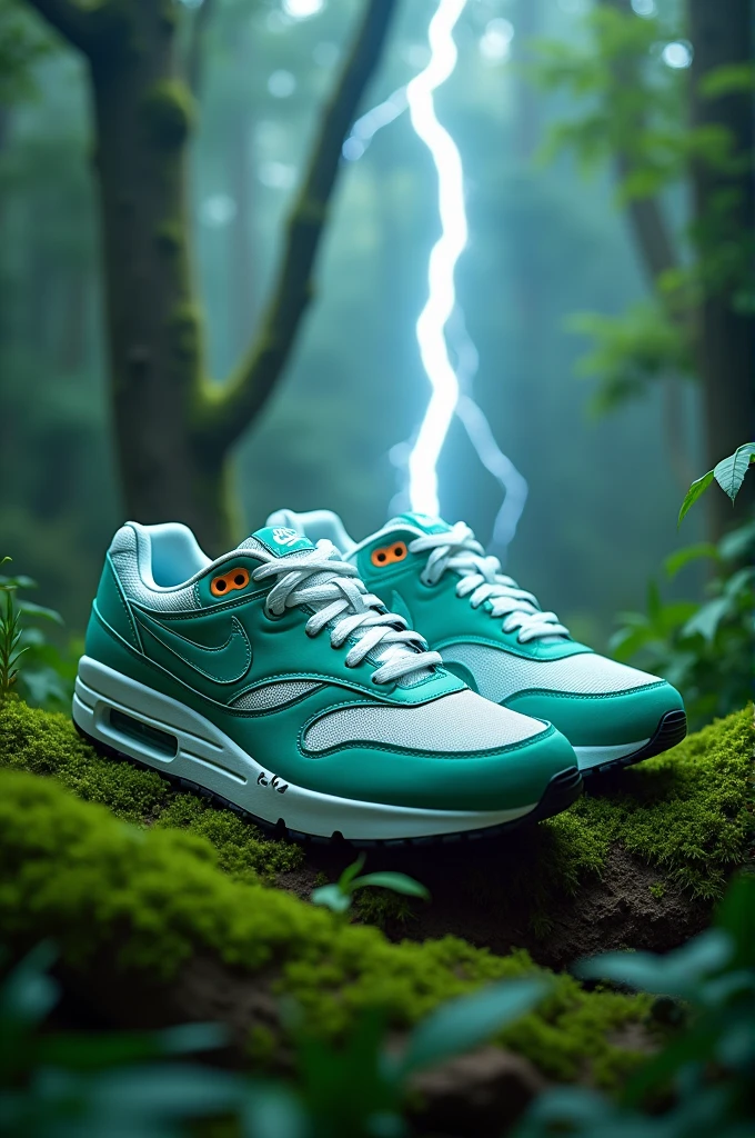 Cree une image cinematographique d’une paire de nike air max bleu et vert pastel avec de la mousse poussant dessus. Environement luxuriant. Un eclair frappe la chaussure tel une explosion. Ultra detaille, ultra realiste. 16k