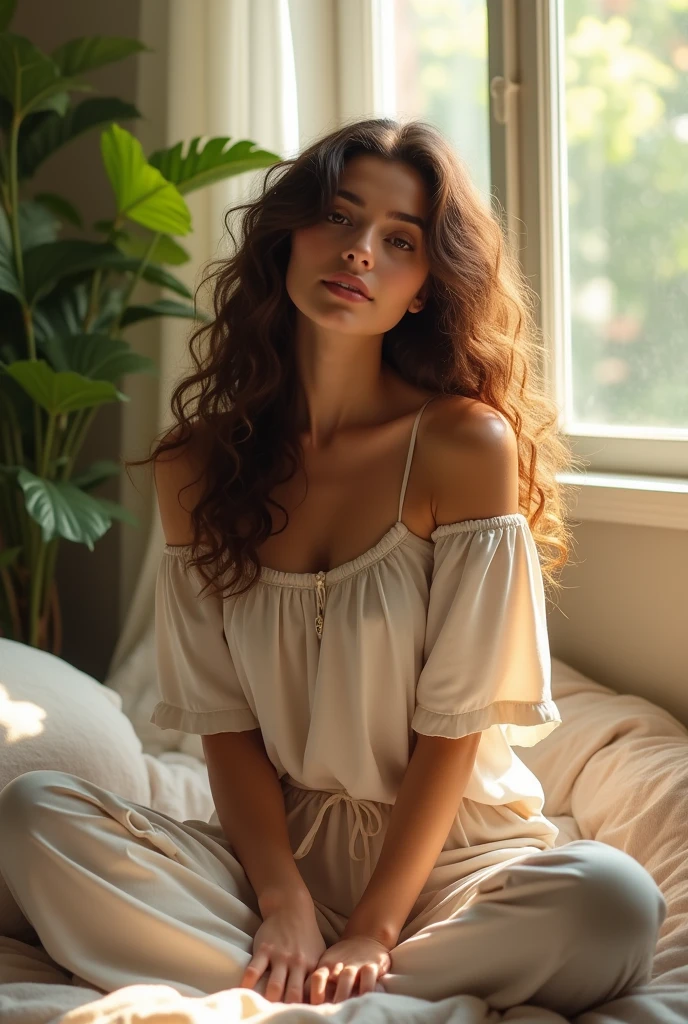 (photorealism:1.2), beautiful woman, sitting on bed, wearing loose off-shoulder top, pajama pants, long curly hair, indoors, soft lighting, plants in background, window with sunlight, cozy room, relaxed pose, realistic, intricate details, warm colors, by Greg Rutkowski, by Alphonse Mucha