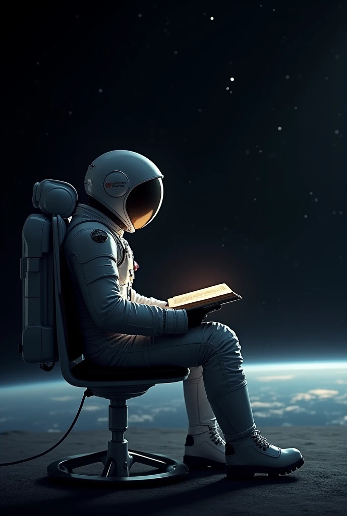 Reading a book in a spacesuit while sitting in a backless chair in outer space