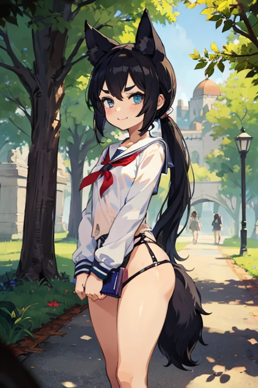 Young girl with black hair, long twintail, twintail hairstyle, (blue eyes), ((small bushy eyebrows)), (wolf ears up), wearing gothic ta, loliclothes, going to school, dull eyes, dull face, going to school, flirtatious smile, small and perky breasts, in a park, wide hips, 