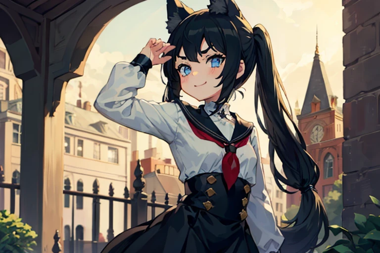 Young girl with black hair, long twintail, twintail hairstyle, (blue eyes), ((small bushy eyebrows)), (wolf ears up), wearing gothic lolita, lolicon clothes, going to school, dull eyes, dull face, going to school, flirtatious smile, small and perky breasts, in a park, wide hips,