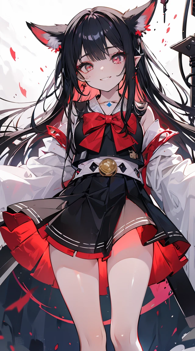 Shrine maiden、[(Detailed Background:1.4)::5],original,(figure:1.1),(Highest quality),(Tabletop:1.1),(Highly detailed CG Unity 8k wallpaper:1.1), (colorful:0.9),(Mid Shot:0.95),(very detailed beautiful whole body),Ear covering accessories、Standing in the Wilderness, (),(((Adult))), (Beautiful eyes in every detail:1.15), (Beautiful Face:1.15), (Glowing red eyes:1.25////),(Black Hair),Pale skin，Pink Eyes，Red Bow，Amaryllis，((Wicked Smile))，crystal earrings in the ears，raven feather skirt,whole body,Shrine maiden服ニーソを履いて,((Long black hair)),Long black hair,Atomic bomb, Or a nuclear bomb, It is an explosive weapon with great destructive power., A large amount of energy is released、. The bomb works through the nuclear process of atomic fission.。, A large amount of energy can be released from a small amount of matter.. Aegis Ore Shield Black Opal Aberration Flail Weapon resting, A creation of nightmares ready for action. This mangrove weapon is a grotesque monster., Has twisting tentacles that form an extension of the weapon. Each tentacle ends in an eyelid bearing sharp teeth and fangs.。, jutting out like a deadly blade. The body of the weapon、It is adorned with stitched-together human arms and a mad eye filled with slithering, snake-like tentacles.。. Even though I&#39;m in chains, The anomalous grenade weapon has a look of insanity and extreme madness., As if they were a living extension of the chaos that inhabited the dungeon.. Your eyes shine with a disturbing intensity. The surroundings are ominous, Damp stone walls and oppressive silence. Anomalous Mangual Weapons are Cursed Relics, Defying all notions of sanity、A weapon capable of causing destruction at any time.