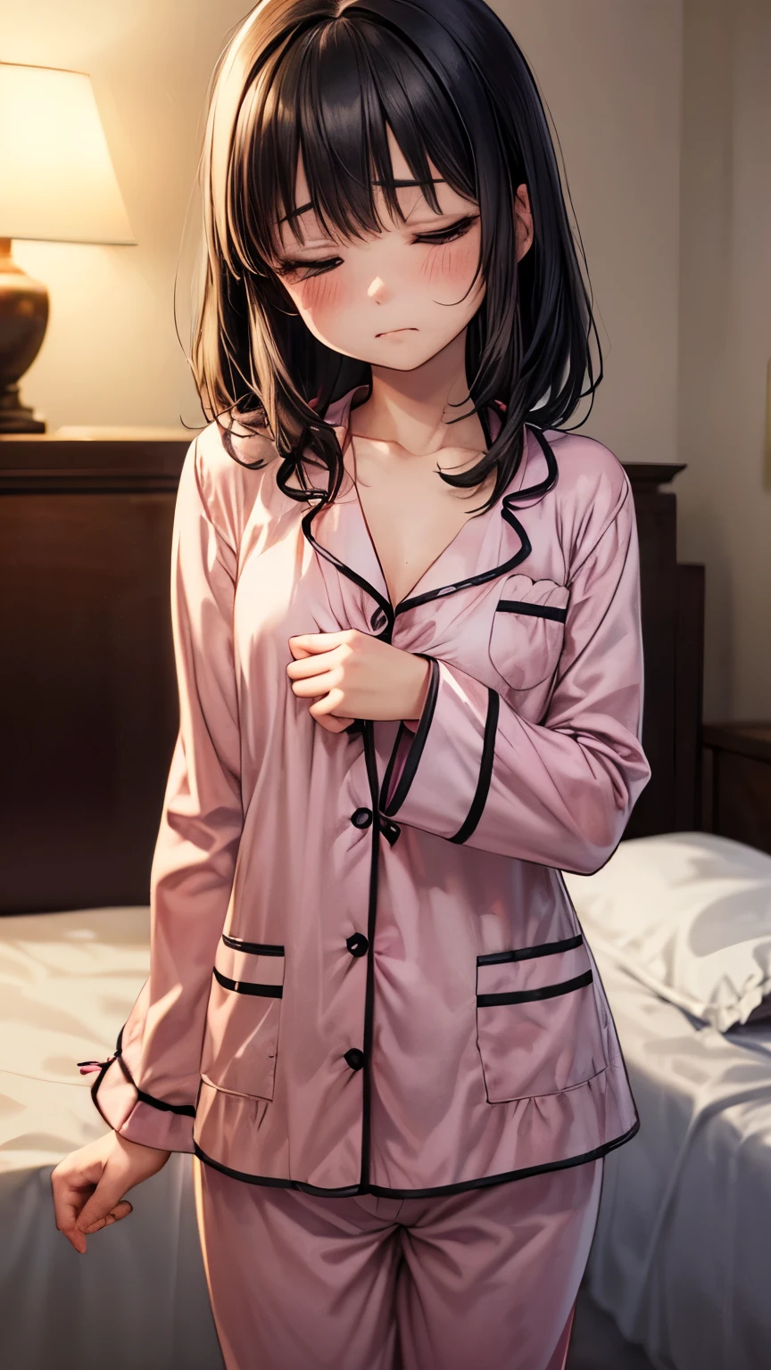 (8k, RAW photo, best quality, masterpiece, highres, absurdres, ultra detailed:1.3), (Photography, realistic, photo-realistic:1.4), (beautiful natural lighting, beautiful deatailed shadow, beautiful detailed glow :1.4), atmospheric, 

BREAK Sadako,wet Black Hair,((yamamura sadako)),1 beautiful girl,(kawaii:1.5),(Chibi:0.5),(cute:2),(Loli:2),(5**ar old girl),(flat breasts:1.65),(A detailed eye,Tsuriformes:1.2),(black hair,Long ha,Deco:1.8),star eye silhouette,(long eyelashes, Double eyelids:1.2),cleavage,(beautiful skin,shy skin:1.2),Shy,Erect,(ghostly atmosphere,sad face, resentful face:1.25)     BREAK

(pajamas, night, bedroom,: 1.35),
BREAK  (holding a cute sleeping dog:1.45),

 BREAK wakame,wakame,wakame,(cowboy shot,from front:1.4) BREAK manga illustration.media,manga style,(ultra rich intricately proper sketch+pastel+airbrush+colored pencil:1.1),(ultra highres composition details:1.2), (delicate illustration), (pastelcolor style illustration:0.9), (watercolor style illustration:0.4), 