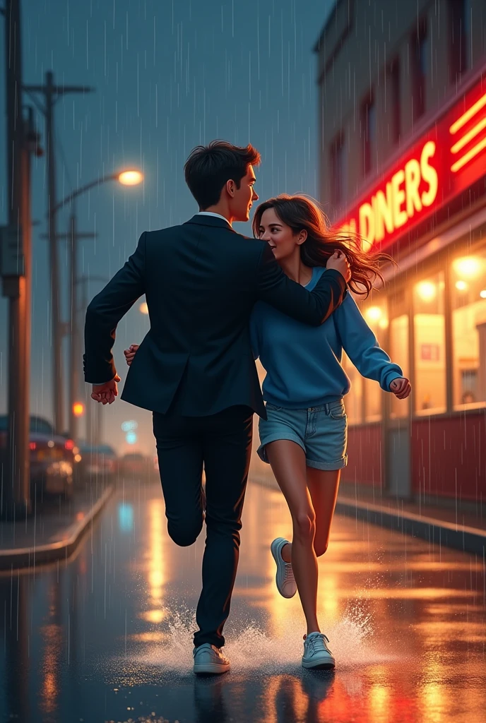 An art for a book cover, One with fair skin, medium length brown hair, light wash denim skirt, blue sweatshirt and white sneakers, and a man wearing formal clothes (Suit) black haired and fair skinned, they are leaving a diner, It's raining and they are running and smiling. Ele está cobrindo ela com a parte de cima de seu Suit, so she doesn't get wet. Both are North American. It's raining heavily and they are running. It's night and they're laughing. Remember it's an animation. She is wearing a skirt, he is covering her. enlarge this image. I want an image with more details of the scene. They are more hugging each other. Ele está de Suit