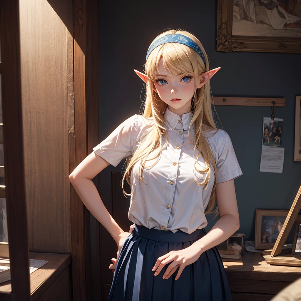 CG, Unity, 8k, wallpaper, Highest quality, masterpiece, Lovely lady, 18-year-old, (Realistic), Best lighting, Complex pupil, Intricate weaving, Elf Girl、A composition that shows the whole body,One Woman,Full Body、Blue skirt and headband,Blonde