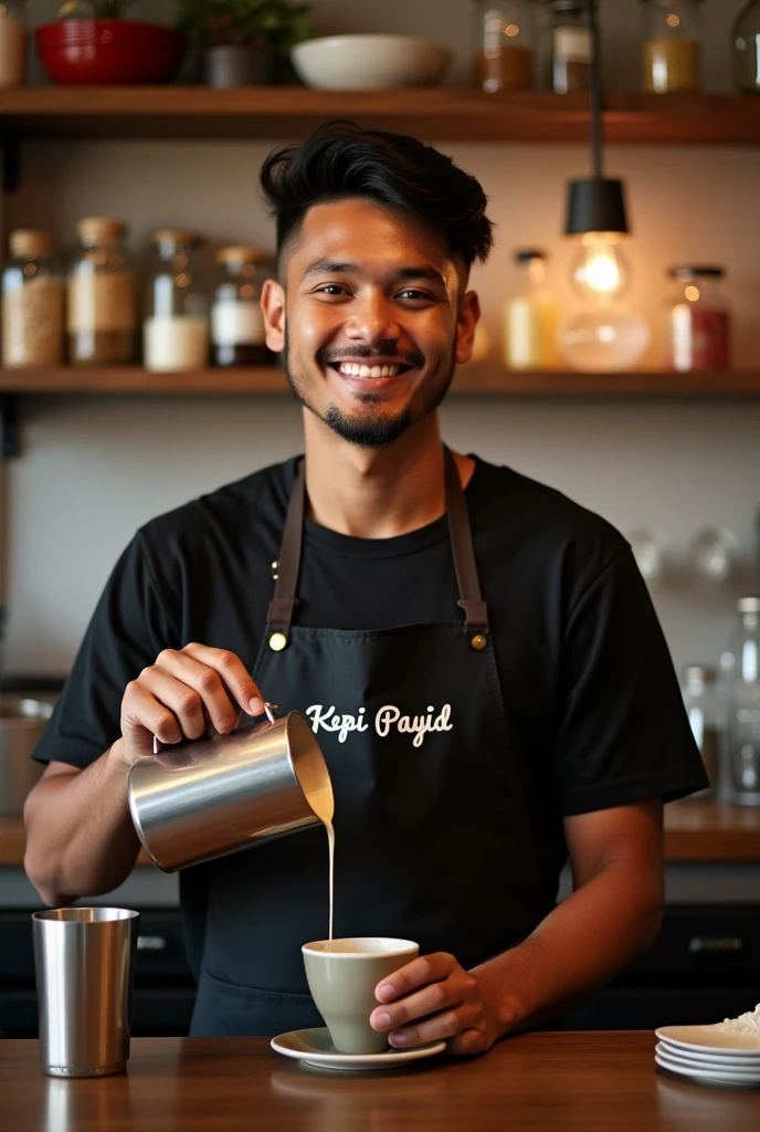 A Malaysia Man, 27 year, Make me a realistic and nice photo of a bartender making coffee with the apron with the name Kopi Payid on it